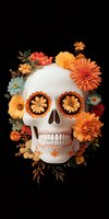 White sugar skull decorated with orange and blue flowers on black background. Mexican Day of Dead celebration art with marigolds and floral arrangements.