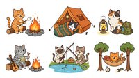Cats camping outdoors with tents, campfires, fishing gear and hammocks. Isolated clipart elements ready for design projects, merchandise and educational materials.