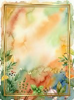 Watercolor garden frame with golden border and botanical elements, featuring soft blended washes in warm and cool tones. Isolated design ready for invitations, cards, and creative projects.