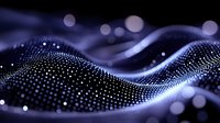 Abstract digital wave made of glowing particles flowing in dark space with bokeh lights for technology and data visualization backgrounds.