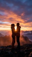 Couple standing on mountain peak at sunrise embracing with golden sky and clouds below, representing love, adventure, and outdoor travel destinations.
