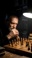Elderly Caucasian man with gray beard contemplating chess move under warm lamp light in dark room with books creating atmospheric thinking scene.