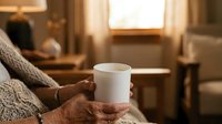 Person holding warm mug in cozy home interior with soft natural light, relaxation and comfort concept for lifestyle and wellness marketing.