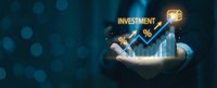Business professional holding holographic investment growth chart with percentage symbols and financial data visualization on dark blue background.