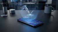 Robotic hand emerging from smartphone screen with digital holographic interface, symbolizing artificial intelligence, automation, and futuristic technology for app development and innovation projects.