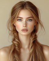 Young Caucasian woman with natural makeup, blue eyes and honey blonde braided hair against beige background. Soft beauty portrait showing flawless skin and gentle expression.