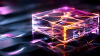 Glowing transparent cube with neon orange and purple light effects on dark background creates futuristic technological atmosphere for modern design projects.
