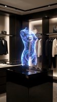 Futuristic holographic female mannequin display in luxury fashion retail store with modern interior design and clothing racks for innovative shopping experience.