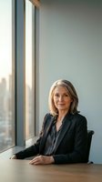Mature Caucasian businesswoman with shoulder-length blonde hair seated at desk near floor-to-ceiling window in modern office, wearing black blazer, professional portrait for corporate leadership and business themes.