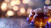 Glass jars of golden honey with blue cornflowers on rustic wooden surface against blurred bokeh background, warm glowing atmosphere creates cozy mood.