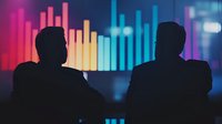 Silhouettes of two people watching colorful audio equalizer visualization display with neon rainbow bars in dark room, music entertainment concept.