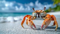 Colorful orange crab with raised claws on tropical beach sand with turquoise ocean and palm trees in blurred background for summer vacation concepts.
