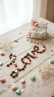 Pastel heart-shaped chocolates arranged as letters on a rustic wooden table with a wrapped gift, confetti, and dried flowers in soft tones.