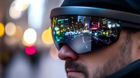 Close-up of man wearing augmented reality smart glasses with futuristic city reflection showing digital interface and neon lights in dark environment.