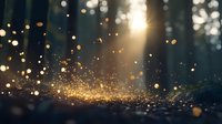 Magical golden sparkles and light particles floating in dark forest with sun rays creating dreamy atmospheric bokeh effect. Suitable for fantasy backgrounds.