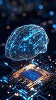 Glowing neural network brain floating above microprocessor circuit board with blue light effects and bokeh background, representing artificial intelligence.