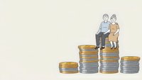 Senior couple sitting on stacked coins representing retirement savings and financial planning for elderly lifestyle security.