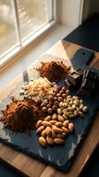 Artisanal chocolate ingredients arranged on slate board with cocoa powder, nuts, and dark chocolate pieces in warm natural kitchen lighting for baking.