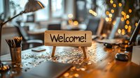Wooden welcome sign on desk with warm golden bokeh lights, pencil holder, and blurred office interior background for hospitality and business greeting concepts.
