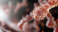 Microscopic view of virus cells in orange and red tones against dark background showing detailed molecular structure and viral particles for medical research and education.