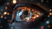 Mesmerizing close-up of human eye with city lights reflection creating futuristic vision concept, symbolizing technology connection and digital transformation.
