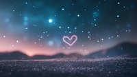Glowing heart shape formed by stars floating above sparkling ground against dreamy night sky with blue bokeh lights and mountain silhouettes at dusk.
