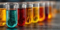 Row of colorful liquid samples in test tubes showing yellow, turquoise, red, and amber solutions for scientific research or chemical analysis.