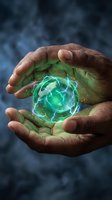 Hands holding glowing green energy sphere with neon light effects against dark background, representing renewable energy, sustainability, and innovation for environmental concepts.