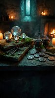 Mystical fortune telling setup with crystal balls, ancient coins, cauldrons and candles in atmospheric dungeon chamber for divination and magic themes.