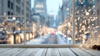 Wooden table by window overlooking urban street with festive holiday lights and bokeh effect, creating cozy winter atmosphere for product display.