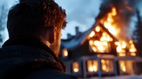 Silhouette of bearded man watching house fire at night, dramatic emergency scene with burning building and glowing windows creating atmospheric mood.