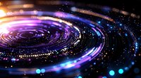 Cosmic spiral with vibrant purple and blue light trails against dark background, glowing particles and bokeh effects create mesmerizing galaxy formation.