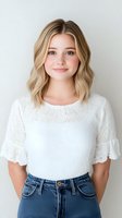 Young Caucasian woman with blonde wavy bob hairstyle wearing white lace blouse and denim jeans smiling at camera against light background. Natural makeup look.