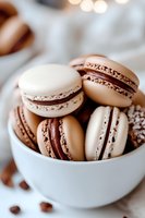 French macarons in white and chocolate flavors served in ceramic bowl with coffee beans scattered around, soft focus background creates elegant mood.