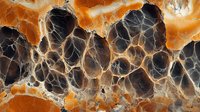 Dramatic aerial view of abstract orange and black terrain with intricate natural patterns showing eroded rock formations and mineral deposits creating organic textures.