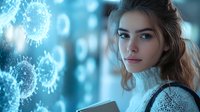 Young woman in white sweater looking at glowing blue virus cell structures floating in air, medical science concept visualization for healthcare and research.
