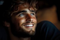 Young Caucasian male with bright blue eyes, curly brown hair and beaming white smile looking up with genuine joy against dark background. Professional portrait lighting.