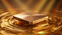 Golden metallic square platform floating above swirling liquid gold waves with radiant light beams creating luxury product display stage for premium branding.