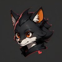 Black fox character with orange eyes and white markings, wearing dark collar with heart detail against dark background, stylized anime-inspired artwork.