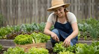 Young woman farmer in straw hat and overalls harvesting fresh lettuce in organic vegetable garden. Sustainable agriculture and healthy food production concept.