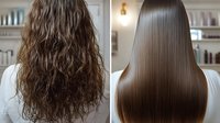 Before and after hair transformation showing curly frizzy hair compared to smooth straight hair after professional salon treatment.