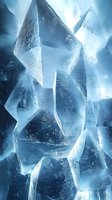 Macro shot of crystal clear ice formations with sharp geometric angles and natural fractures, illuminated by cool blue light creating an abstract winter landscape.