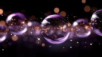 Abstract purple cosmic bubbles with golden bokeh lights and sparkles floating in dark space for digital art and fantasy designs.