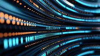 Glowing blue and orange digital lines creating perspective tunnel effect with binary code pattern, modern technology concept for data transfer and communication.