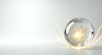 Transparent glass sphere with golden light particles and glowing waves on white background, isolated for design use.