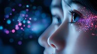 Young Asian woman face in profile with magical glowing pink and purple sparkles around eye against dark blue background with bokeh lights and dreamy atmosphere.