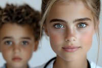 Young woman with blue eyes and natural makeup in close-up portrait, with blurred figure in background creating depth and artistic composition.