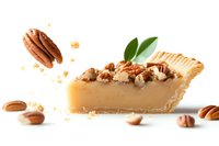 Slice of caramel pecan pie with golden filling, flaky crust and scattered nuts on white background, isolated dessert for menu, cookbook or bakery design.