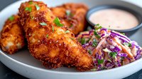 Crispy breaded chicken tenders served on gray plate with creamy dipping sauce and fresh purple cabbage coleslaw garnished with herbs. Restaurant quality meal.