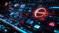 Futuristic digital interface with glowing neon elements and circuit patterns in blue and orange tones, featuring technological symbols and data visualization elements.
